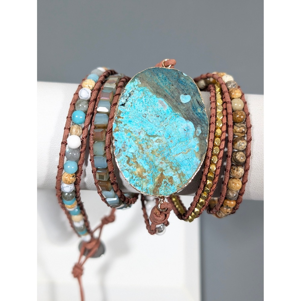 Blue‎ Stone Wrap Bracelet Necklace Convertible Beaded Glass Stone Boho 37"